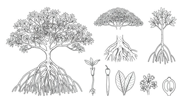 Hand drawn mangrove tree, prop roots, leaves, flowers and propagule