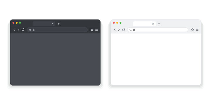 browser window mockup in dark and light mode. blank webpage frame with address bar and tabs. empty screen template pair with navigation buttons. minimal white background presentation
