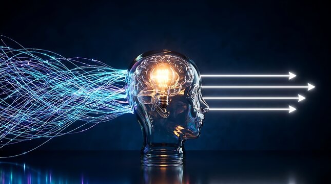 Transparent glass human head silhouette with glowing light bulb inside and arrows pointing out from eyes representing forward thinking and vision