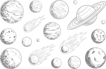 Colección dibujada a mano de varios planetas, lunas y cometas aislados sobre un fondo blanco para el espacio © Stock Soul