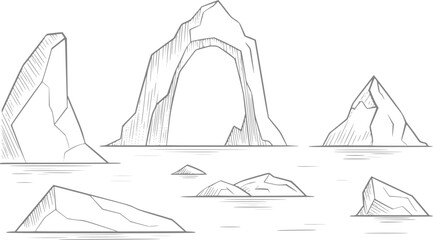 Dibujo a mano de islas rocosas y arcos marinos que emergen de la superficie tranquila del agua del océano © Stock Soul