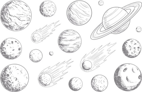 Colecci&oacute;n dibujada a mano de varios planetas, lunas y cometas aislados sobre un fondo blanco para el espacio