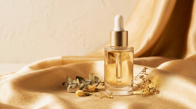 Golden facial oil dropper bottle with dried botanicals on silk