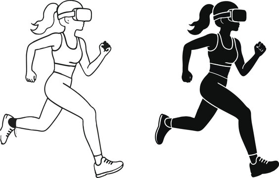 Two runners wearing virtual reality headsets exercising