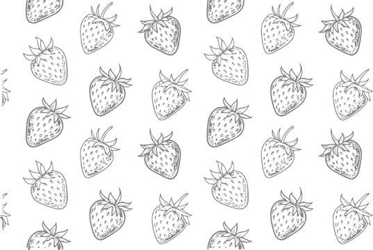 Patr&oacute;n sin costuras con fresas dibujadas a mano sobre fondo blanco para textiles y papel tapiz