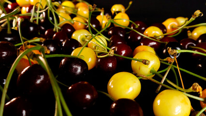 Ripe red and yellow cherries with green stems scattered on a dark surface, offering a vibrant close up of fresh fruit, highlighting natural colors and textures © Dark Artistic