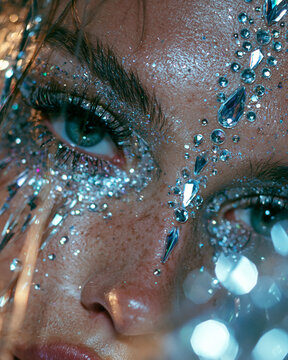 Glamorous close-up fashion portrait of a model with sparkling eye makeup, crystals and radiant skin illumination