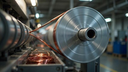 Fototapeta premium High-Tech Metal Coil Manufacturing Equipment in Industrial Factory Setting