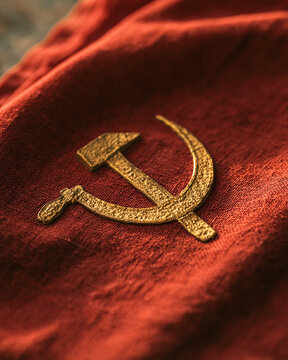 Hammer and sickle soviet emblem on red fabric vintage propaganda art golden badge textile texture