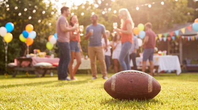 American football rests on a grass lawn during a sunny backyard barbecue party with friends