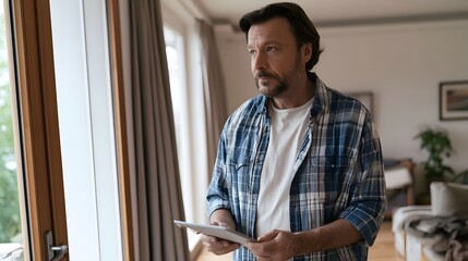 Fototapeta premium A man holding a tablet while looking out a window in a well lit room with curtains and furniture