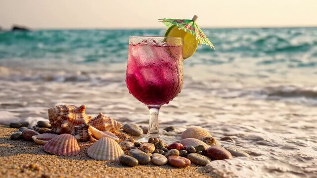 Colorful cocktail with an umbrella rests on sandy beach, surrounded by seashells and pebbles, as ocean waves gently roll in during sunset