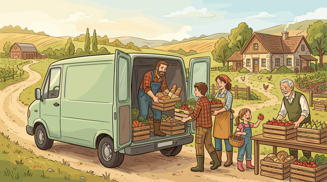 Happy family farmers loading crates of fresh organic produce into a delivery van at their farm. Cartoon illustration for sustainable agriculture and local food concepts.
