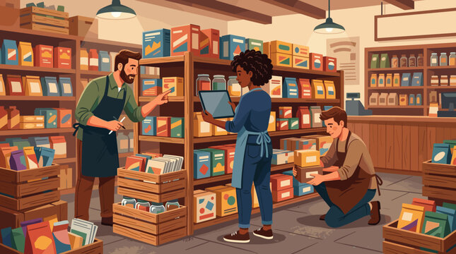 Diverse team of grocery store employees organizing food shelves and inventory with tablet and pen in a modern market. Professional retail store workers.