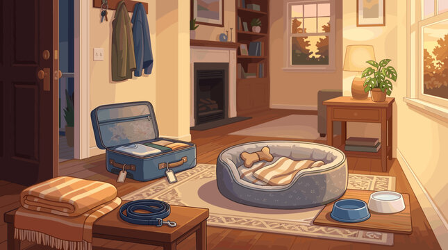 An open suitcase and dog bed in a cozy living room at sunset. A warm home scene featuring travel preparation, pet care, and interior comfort.