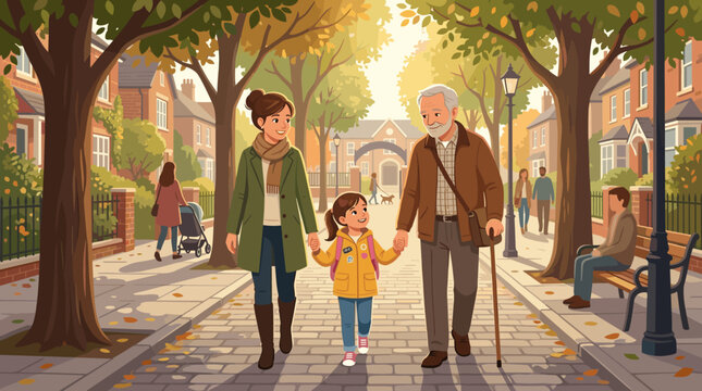 A happy family including mother, daughter, and grandfather walking along a cozy autumn street. Warm, heartwarming scene illustrating intergenerational bonding and fall season.