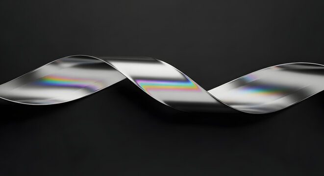 Abstract metallic ribbon on black background. Shiny silver wave with holographic light effect.