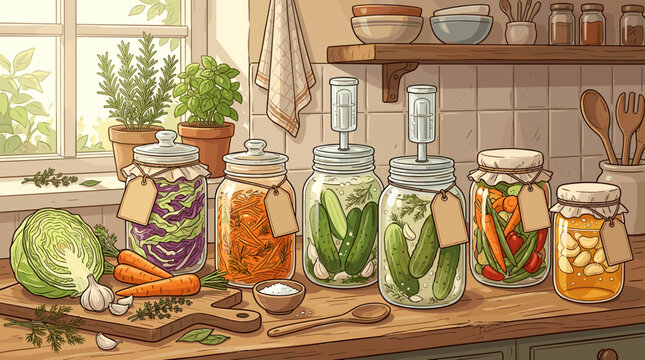 Artisanal fermented vegetables and pickles in glass jars on a sunny rustic kitchen counter. Fresh ingredients, healthy homemade food concept.