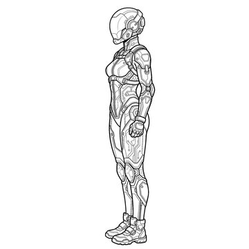 Hand drawn sketch of cyberpunk netrunnersuit on dummy mannequin. Technical line art.