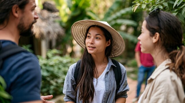 Three people conversing outdoors in a lush green environment with one person wearing a wide brimmed hat
