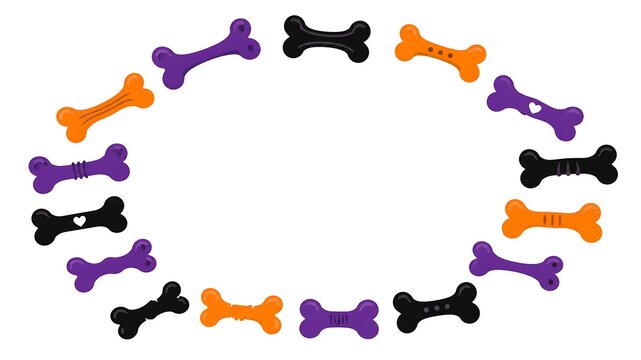 A festive halloween themed border made of colorful orange purple and black dog bones arranged in an oval shaped frame