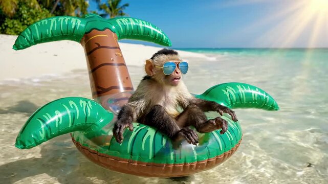 Monkey in sunglasses enjoys a sunny day on a palm tree float in clear water, surrounded by sandy beach and tropical plants in the background