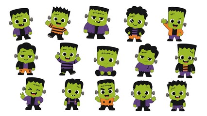 Obraz premium A set of cute cartoon frankenstein monster character illustrations in various poses isolated on a plain white background for halloween decorations