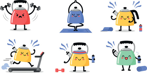 Obraz premium Cute Kettle Workout and Fitness Cartoon Character Set with Treadmill Dumbbells Yoga Mat and Water Bottles for Gym Healthy Lifestyle and Wellness Designs