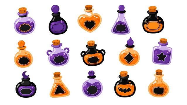 Collection of various halloween magical potion bottles with colorful liquids cork stoppers and unique decorative labels for spooky celebration designs