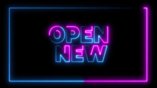 Glowing neon sign pink and blue text filck now open with star shape isolated on black background