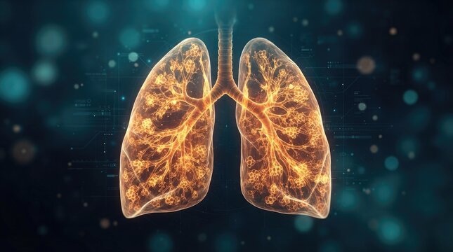 Digital illustration of human lungs representing respiratory health awareness for world heart day featuring glowing internal structures against a dark blue abstract background medical concept