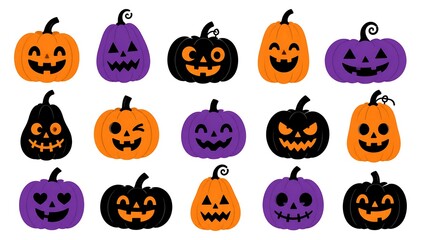 Naklejka premium Set of colorful halloween carved pumpkin faces with various expressions isolated on a white background for seasonal holiday design decorations