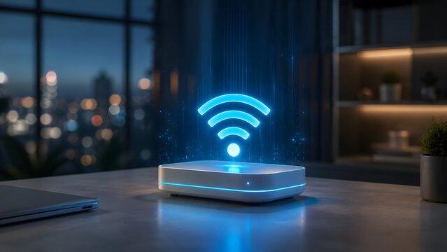 High speed wireless router emitting glowing blue wifi symbol symbolizing broadband internet connectivity and home network communication