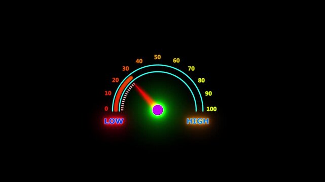 Futuristic Status Display, Modern Technology Interface and Glowing Neon Performance Gauge 4k Animation . Digital Dashboard Meter, with 30 Level Indicator on Black Background. 