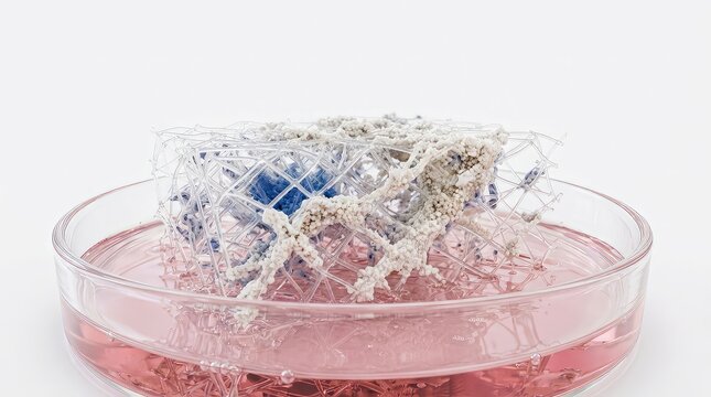 acro scientific visualization of engineered bone tissue mineralizing across transparent biodegradable framework inside sterile biotechnology laboratory, photorealistic textures,