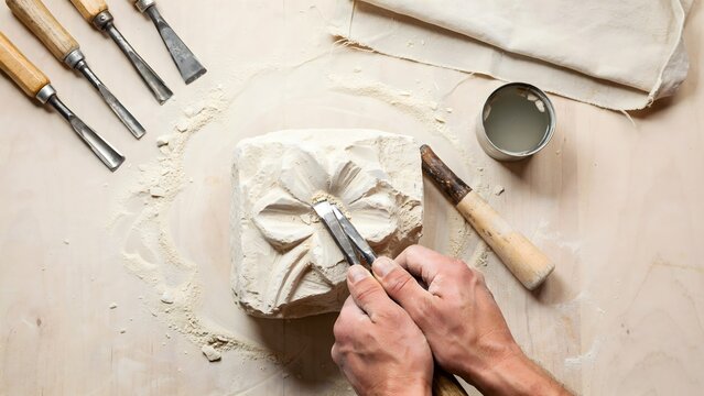 Sculpture artist carving face detail into marble stone with chisels and hammer