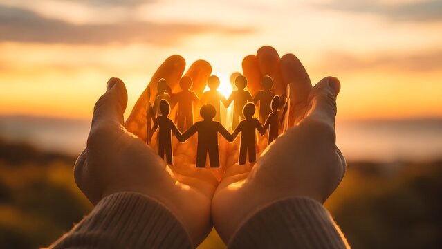 Social responsibility community support concept showing human hands holding connected paper figures against sunset symbolizing global unity