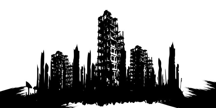 Black and white illustration of a destroyed building with rubble on white background icon