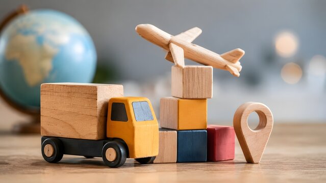 Global freight logistics distribution network concept showing wooden delivery truck airplane and cargo blocks with globe background