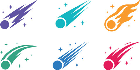 Set of colorful comet illustration with glowing star sparks in flat design style © Milon Store