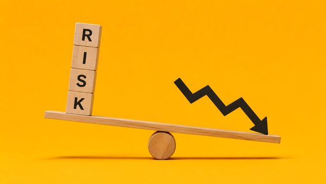 Risk management balance concept showing wooden risk blocks outweighed by falling downward arrow on seesaw symbolizing financial stability