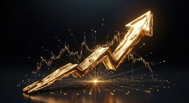 A glowing golden arrow pointing upwards representing business growth financial success and market recovery on a dark background with scattered gold coins