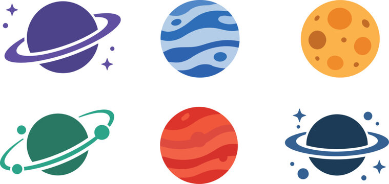 Set of colorful cartoon planets with rings and stars for space design projects
