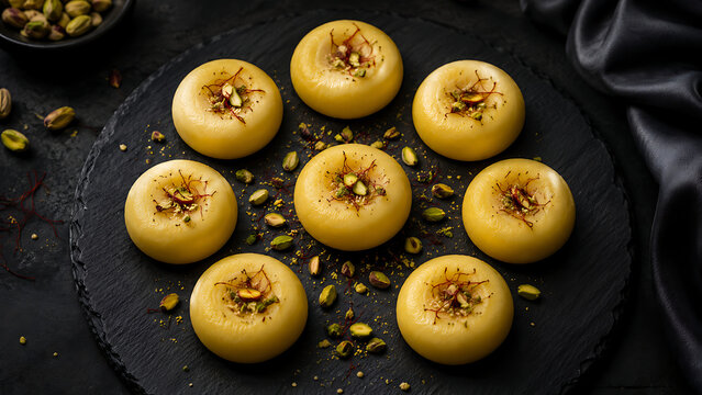  Kesar peda arranged in a modern radial pattern, saffron strands and pistachios, deep charcoal backdrop
