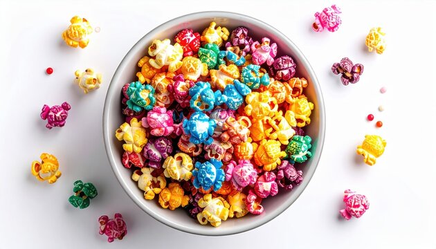 Bowl of colorful sweet popcorn isolated on white background, top view, vibrant candy popcorn