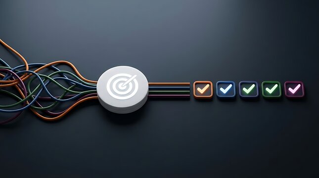 Tangled multicolored wires entering target icon node and exiting as organized straight lines with glowing checkmarks representing task completion