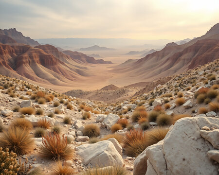 Vall&eacute;e d&eacute;sertique aride avec montagnes color&eacute;es et v&eacute;g&eacute;tation &eacute;parse sous une lumi&egrave;re dor&eacute;e de fin d'apr&egrave;s-midi dans un paysage sauvage