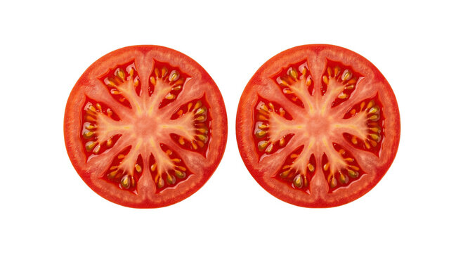 Fresh red tomato sliced into two round halves showing internal structure high quality 4K PNG image in white background
