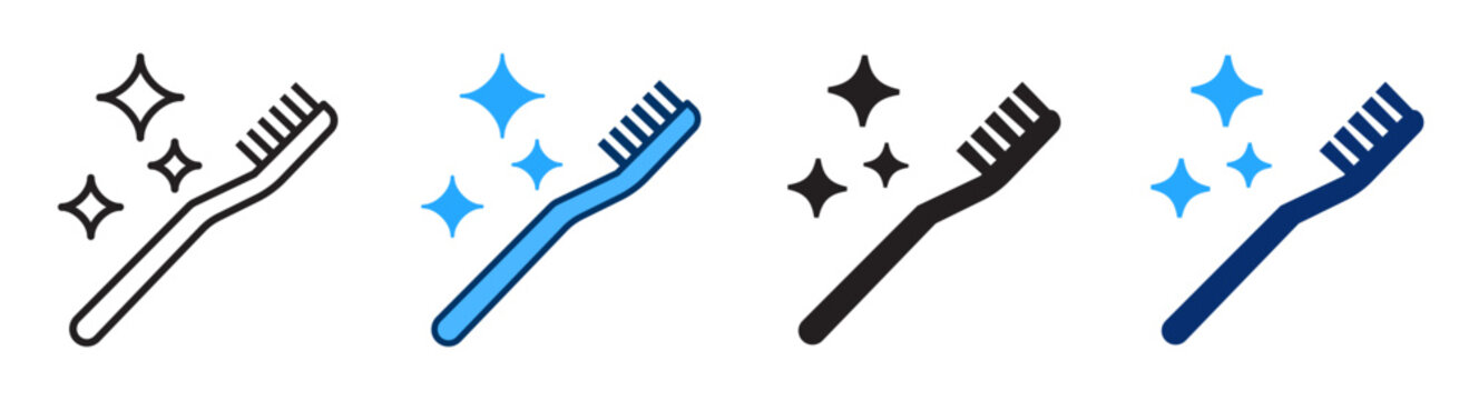 Toothbrush icon with sparkles symbolizing oral hygiene. Brushing pictogram for dental care and daily cleaning. Vector illustration for tooth brushing and dentistry concept.