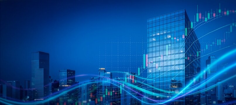High rise office building skyline overlay with stock market financial chart graphs against a deep blue background.